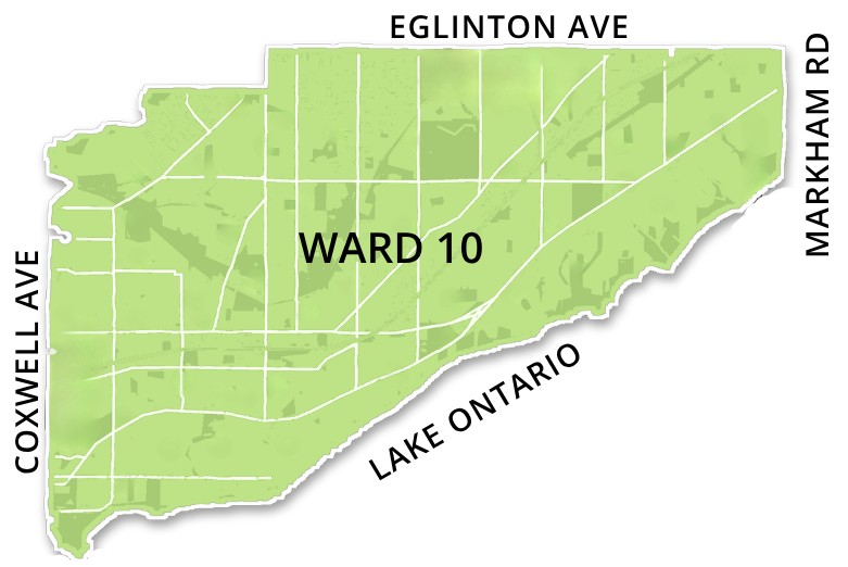 Map of TDSB Ward 10, bounded by Coxwell Avenue, Eglinton Avenue, Markham Road and Lake Ontario